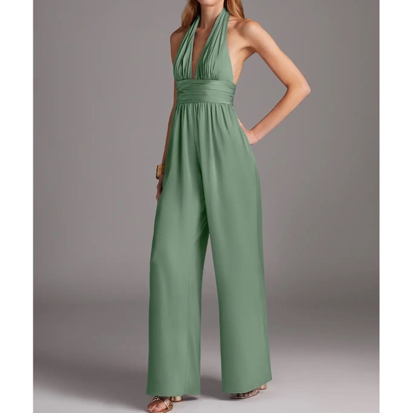 NWT Azazie Oli Stretch Satin Jumpsuit Women’s 8 Matcha Green Formal Event Party - Picture 1 of 11